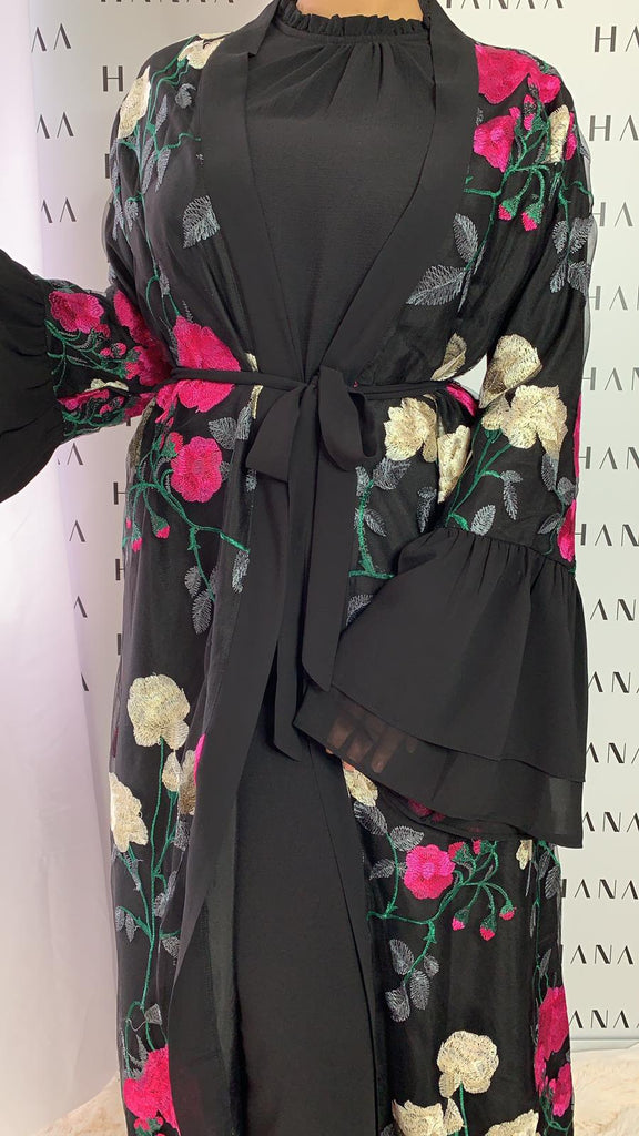 Ailah Floral Embroidery Open Abaya - Black